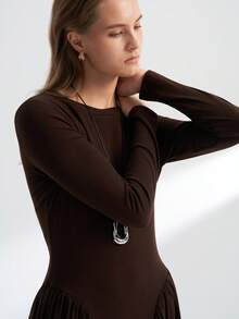 INAWLY Women's Casual Solid Color Flared Knit Dress, Autumn - Coffee - View 5