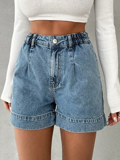 EURMUSE Pantalones cortos de mezclilla casuales y versátiles con cintura alta y pliegues para mujer