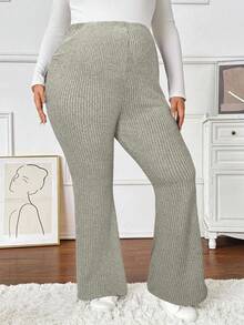 SHEIN 大码孕妇纯色弹力腰罗纹休闲修身喇叭裤 - 杏色 - 查看 5