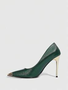 CUCCOO SZL Tacones altos de moda de punta fina y color contrastante, versátiles para uso diario - Verde Oliva - Ver 9