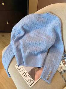 Airaco 女士纯色圆领长袖麻花针织套头毛衣 - 藍色 - 查看 2