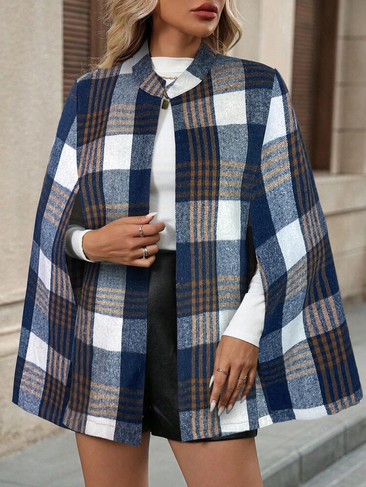 EMERY ROSE Women's Plaid Poncho Sleeve Elegant Loose Woolen Coat, Autumn/Winter,Fall,Fall Clothes For Women,Women's Winter Clothes - Blue - View 4