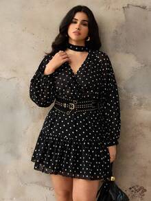 Roveilla 大码黑色波点V领系腰连衣裙，秋冬 - 黑色 - 查看 4