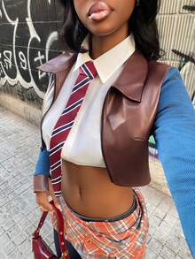 Modviera Damen elegante vielseitige Reißverschluss-Patchwork Langarm Kurzblazer, geeignet für Urlaub, Partys und Dates, Herbst/Winter - Verschiedenfarbig - Übersicht 5