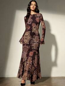 Aveloria Modichic Váy dài tay ôm sát lưng thun lưới in họa tiết cổ điển gợi cảm mùa thu, phong cách Anh - Nhiều màu - Xem 3