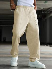 Manfinity Hypemode Quần thể thao nam màu trơn, cạp chun, dáng rộng, kiểu dáng thường ngày, có dây rút. - Màu Khaki - Xem 5