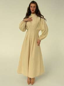 Aloruh 简约通勤立领收腰褶皱泡泡袖米色竹纤维棉 A 字裙女式 - 杏色 - 查看 4