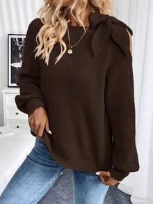 SHEIN LUNE Fashionable Solid Color Off-Shoulder Tie-Up Sweater, Versatile For Autumn/Winter - Coffee Brown - View 8