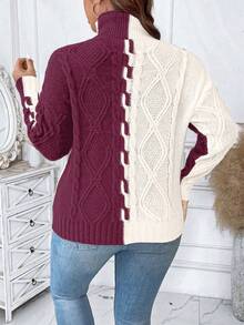 EMERY ROSE Plus Size Women High Neck Color Block Long Sleeve Casual Commuter Sweater, Autumn/Winter - Redwood - View 2