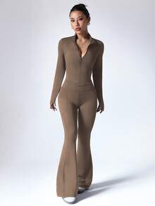 Dewbera Women's Casual Sports Zip-Up Long Sleeve Top & Flare Leg Pants Set - Khaki - View 3