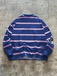 AXEPEAK Áo thun polo tay dài in chữ kẻ sọc thường ngày cỡ lớn dành cho nam, mùa thu - Màu xanh lam - Xem 2