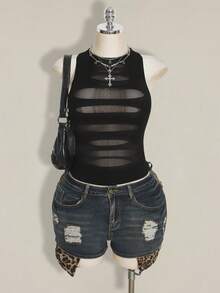 SHEIN ICON 大码 Y2K 风格透视做旧性感吊带背心 - 黑色 - 查看 3