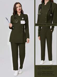 Scrubzie 两件套防皱翻领长袖女式工作服套装（上衣和裤子） - 軍綠色 - 查看 1