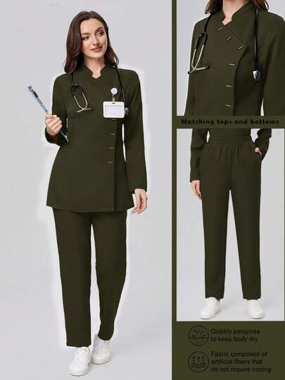 Scrubzie 两件套防皱翻领长袖女式工作服套装（上衣和裤子）