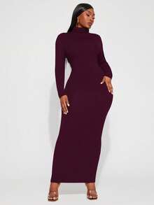 Radiana Vestido Básico Diário Elegante e Sexy para Mulheres Plus Size, Gola Alta, Modelagem Justa, Adequado para Uso Diário e Apresentações de Música Country - Vinho - Visão 3