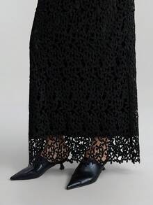 Ontre Women's Black,Autumn,Classy,Elegant,Dining Floral Lace Maxi Skirt,Textured Fabric A-Line Design,Casual Urban Chic Business Attire Office Wear,Wedding - Black - View 2