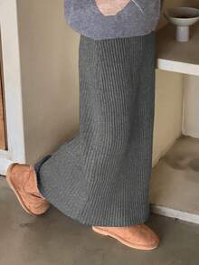 DAZY Rok Midi Rajut Panjang Kasual Warna Polos untuk Anak Perempuan Remaja, Musim Gugur/Dingin - Grey - View 5