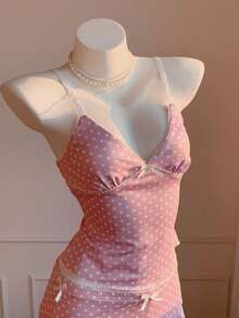 Comfortcana 女士波点印花蝴蝶结装饰吊带背心和迷你裙两件套 - 粉色 - 查看 7