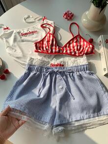 Comfortcana Women's Letter Print Camisole, Plaid Bra, And Striped Shorts Casual Outfit Set Gingham Set Summer Clothes Set - Multicolor - View 8