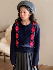 DAZY 少女日常通勤学院风菱格纹纽扣开衫，秋冬款 - 藏蓝色 - 查看 4