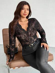 Firerie Áo cánh tay dài cổ chữ V viền ren thanh lịch, giản dị cỡ lớn, đa năng cho trang phục hàng ngày và đi nghỉ, mùa xuân/thu - màu đen - Xem 6