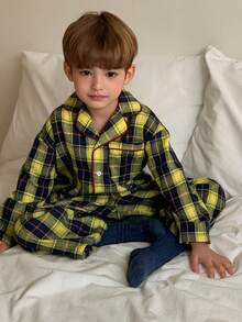 Dazy Kids 男童格子长袖单排扣上衣和裤子睡衣套装 - 黃色 - 查看 6