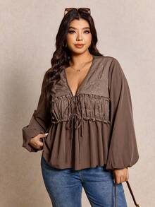 Elaquor Plus Size Women's Cute Blouse, French Chocolate Brown Shirt, Long Sleeve Ladies Top, Autumn Office Evening Birthday Elegant Traditional Greek Goddess - Coffee Brown - View 3