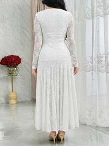 Modelyn Elegant Square Neck Lace Cinched Waist Mermaid Hem Cocktail Dress - White - View 6