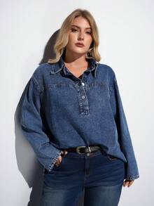 Maija Áo denim cỡ lớn gợi cảm tay dài rộng màu xanh áo sơ mi nữ mùa thu váy nữ áo sơ mi nữ áo cánh - Rửa tối - Xem 6