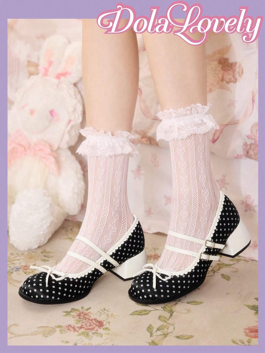 Dola Lovely Women's Polka Dot Satin Cute Lolita Black Thick Heel Round Toe Pumps, Suitable For Halloween, Christmas, Thanksgiving, Autumn/Winter Valentine's Day - Black - View 1