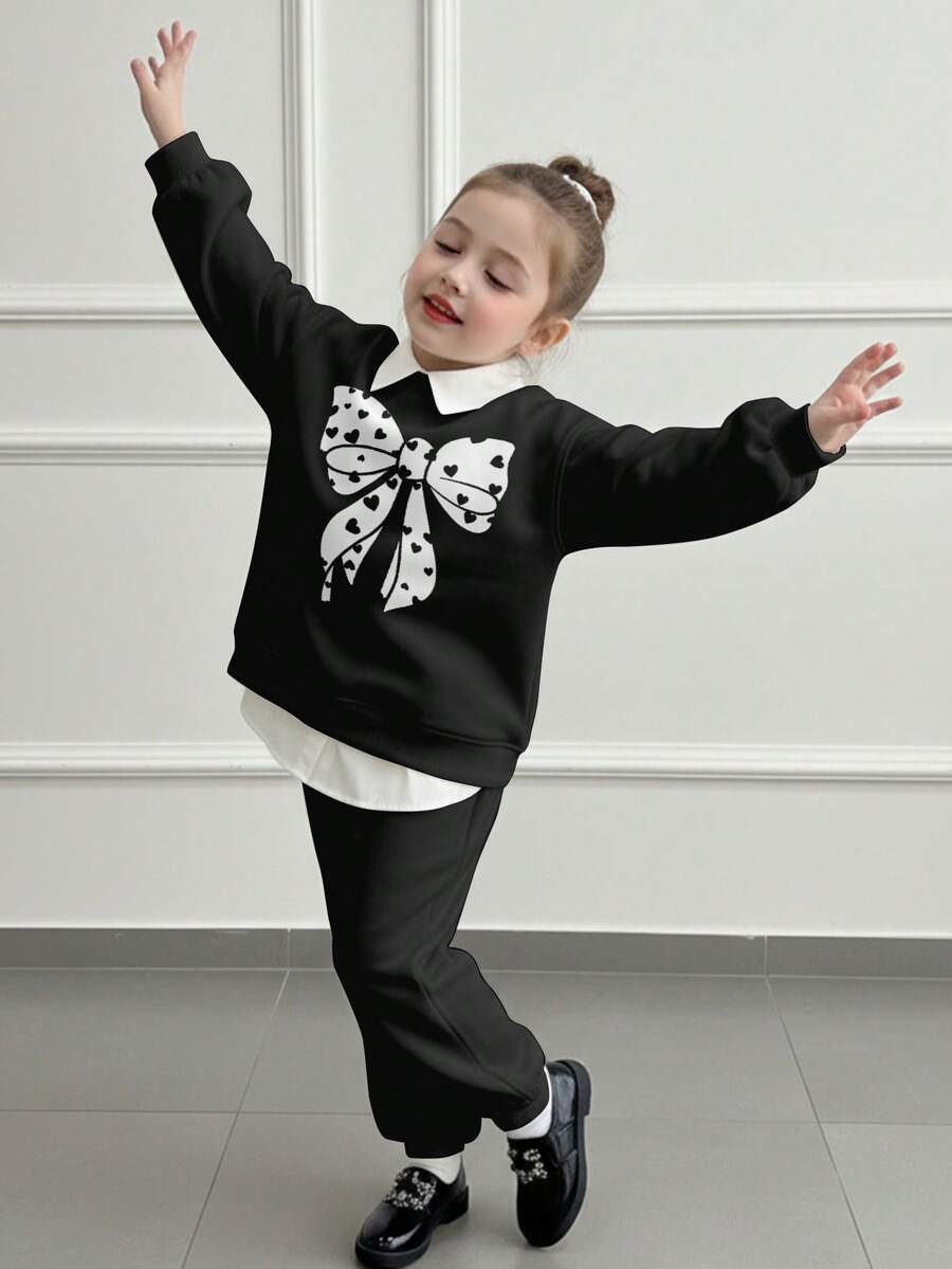 Baby Girl Casual Cartoon Pattern Crew Neck Sweatshirt Thick Set, Suitable For Autumn/Winter, Classic Cute Cartoon Heart & Bow Print - Black - View 1