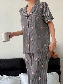 SHEIN 条纹爱心印花翻领短袖裤装女士睡衣套装 - 黑色 - 查看 4