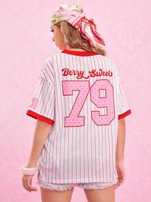 Strawberry Shortcake X SHEIN 女士可爱甜美条纹卡通图案短袖T恤，夏季 - 紅白色 - 查看 2