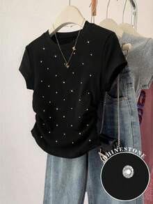 Resyla Nuovi arrivi estivi, giacca casual versatile, design grafico con strass, maglietta aderente da donna, comoda da indossare, adatta per uso quotidiano, attività all'aperto, shopping, appuntamenti - Multicolore - Visualizzare 4