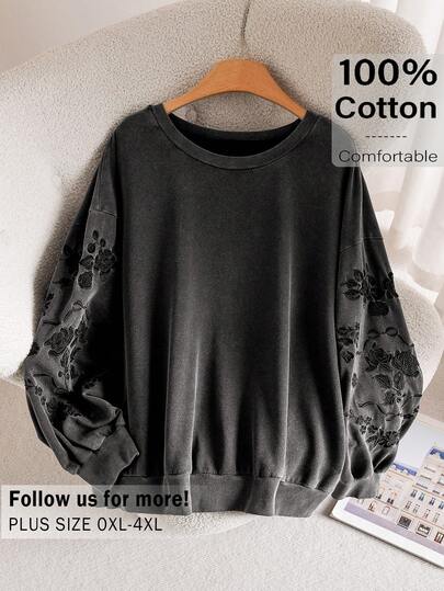 CosyJoli Plusstorlek Damtröja med blommig broderi och rund halsringning, elegant långärmad