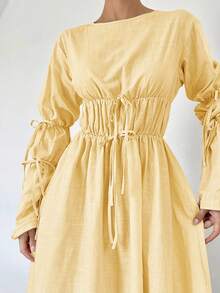 Siren Gaze 秋季新款褶皱抽绳超长喇叭袖A字连衣裙，自然色，舒适宽松休闲秋冬长款女装 - 黃色 - 查看 3