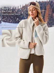 OutZeal 女士柔软保暖抓绒立领口袋拉链外套户外抓绒徒步露营秋冬季 - 米色 - 查看 2
