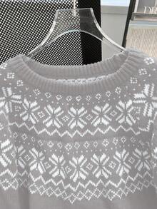 Franclia Women's Casual Fair Isle Pattern Crew Neck Christmas Sweater, Autumn/Winter Winter Sweaters Gray Sweater Knitted Sweater Women Sweater Cute Sweater