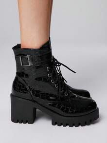 ROMWE Grunge Punk Women's Buckle Design Thick Sole Fashion Daily Versatile High Heel Ankle Boots For Christmas - Black - View 4