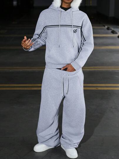Manfinity Campus Court Aesthetic Post--Young, Casual Sports Set, Letter Print Grey Men's Hoodie Set Hoodie And Sweatpants Set For Men Mens Street Wear Sets Men Two Piece Outfit Sweatpants Jogging Suits For Men Men Grey Sweatpants