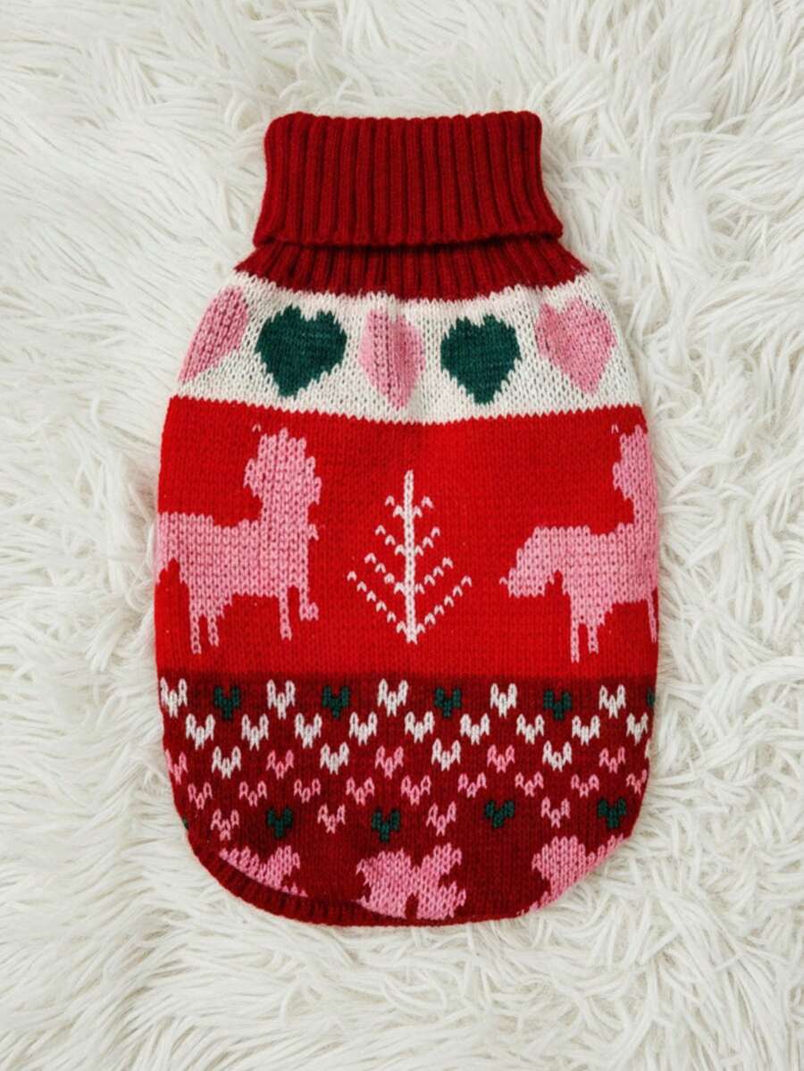 PETSIN 1 件宠物圣诞毛衣猫狗通用红色爱心几何公平岛图案提花时尚经典弹力舒适保暖狗毛衣 - 彩色 - 查看 1