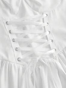 SHEIN MOD 女士纯色心形领口交叉系带荷叶边不对称复古下摆连衣裙，毕业白色连衣裙 - 白色 - 查看 3