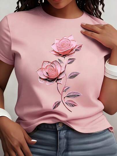Rovax Camiseta de mujer de manga corta con cuello redondo y estampado floral casual, para verano