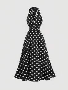 SHEIN MOD 复古黑白波点露背连衣裙，适合舞会、秋季婚礼宾客、早午餐等场合，黑色。 - 黑色 - 查看 1