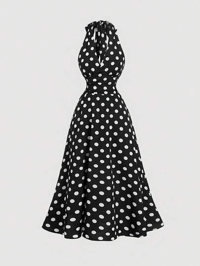 SHEIN MOD 复古黑白波点露背连衣裙，适合舞会、秋季婚礼宾客、早午餐等场合，黑色。