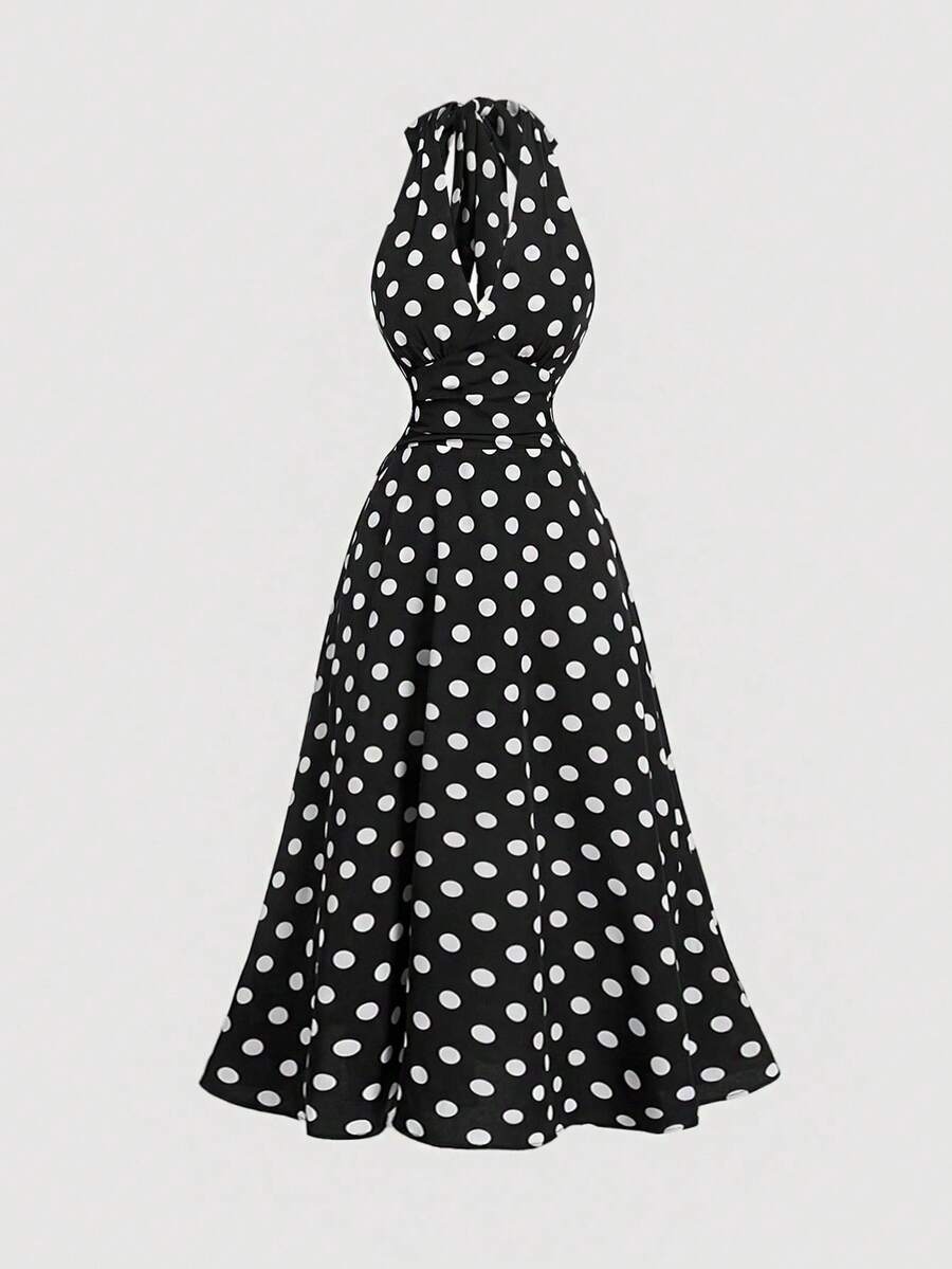 SHEIN MOD 复古黑白波点露背连衣裙，适合舞会、秋季婚礼宾客、早午餐等场合，黑色。 - 黑色 - 查看 1