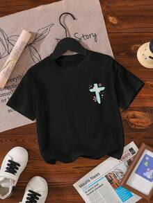 SHEIN 年轻女孩休闲舒适时尚简约潮流字母标语和花卉印花短袖 T 恤