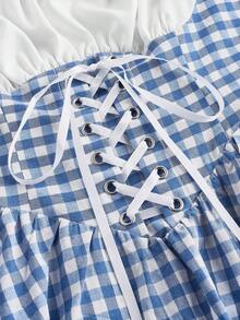 SHEIN MOD 复古蓝色格子拼接连衣裙，适合女性穿着，春季连衣裙，度假装，夏季装，西部风女装，乡村风装扮，海滩度假装，波西米亚风连衣裙，复活节连衣裙，复古富贵风