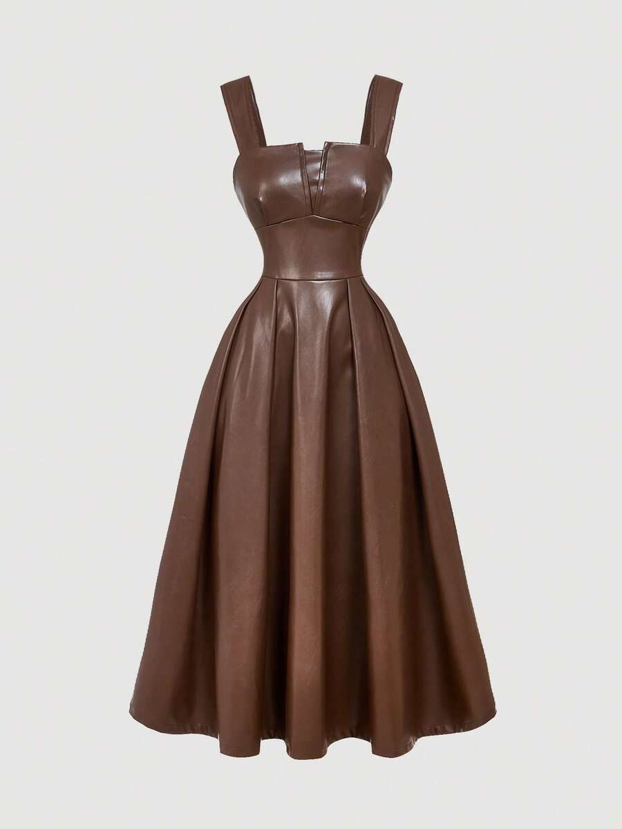 SHEIN MOD فستان فينتاج مزين بالجلد البني بتصميم صليب أمامي، فستان خريفي وشتوي، فستان فينتاج، فستان، فستان عطلة، فستان رأس السنة الجديدة - بني - مشاهدة 1