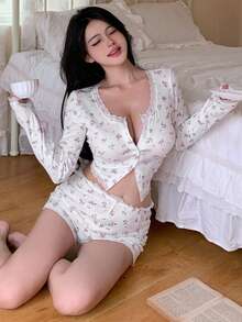 DAZY 1件白色提花舒适家居服套装 白色睡衣套装，秋冬服装